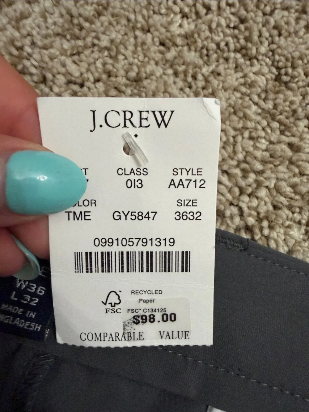 J. Crew Men's Charcoal Stretch Chinos